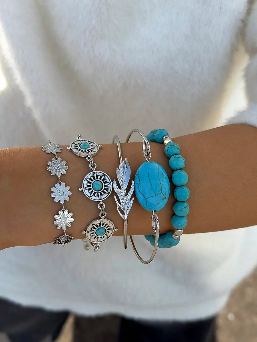 5pcs Turquoise Stone Bohemian Style Bracelet Set For Women Casual Fashion Jewelry