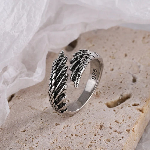 925 Sterling Silver Angel Wing Feather Adjustable Rings For Women