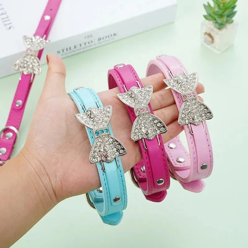 Cute PU Leather Dog Puppy Collar Bling Rhinestone Bowknot for Small Medium Larger Dog