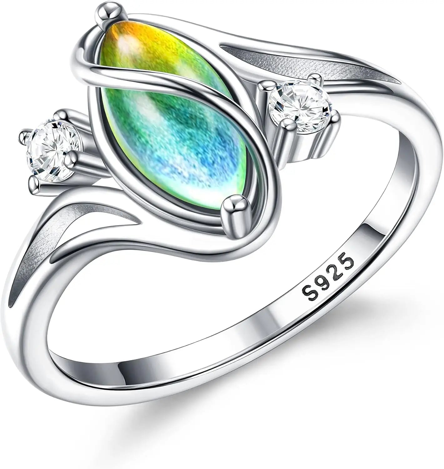 Elegant 925 Sterling Silver Rings for Women Mood Ring Color Change Cubic Zirconia Accents Ring Gold Plated Oval Solitaire Statement Silver Rings