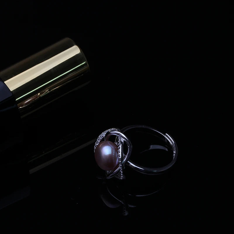 925 Silver Adjustable White Natural Freshwater Black Pearl Ring for Women, Cultured Natural Pearl Ring