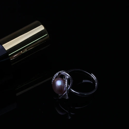925 Silver Adjustable White Natural Freshwater Black Pearl Ring for Women, Cultured Natural Pearl Ring