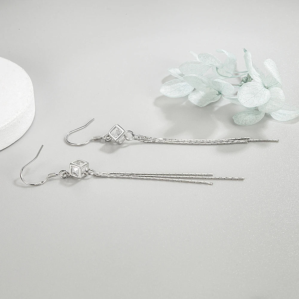 Pure 925 Silver Long Chain Hollow Square Box Crystal Zircon Earrings