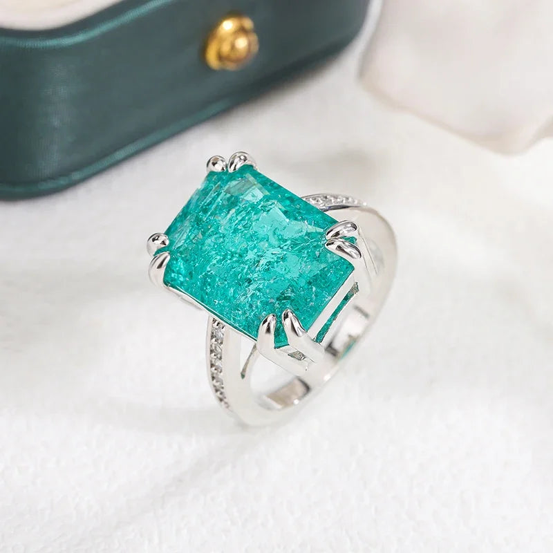 925 Silver Plated Exquisite Blue Green Moissanite Ring Fire Sparkling Luxury Open Ring