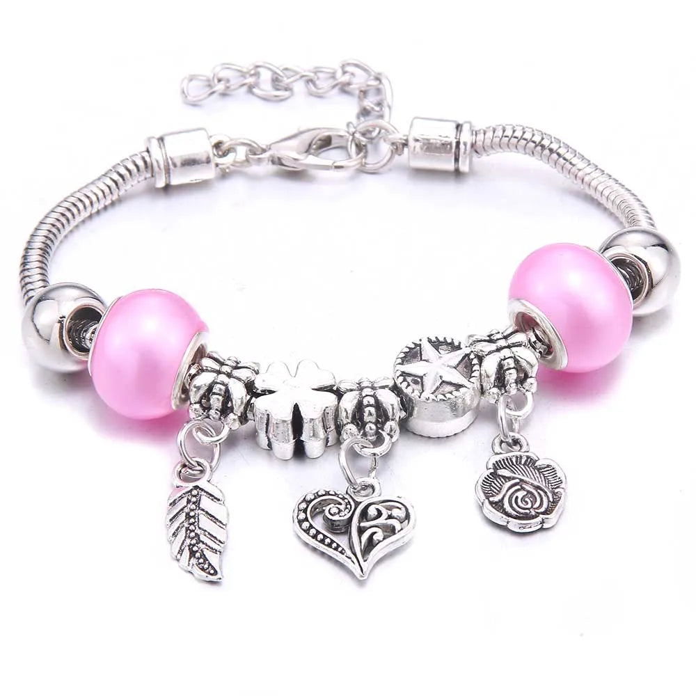 Pink Butterfly Charm Bracelet Snake Chain Lobster Clasp Beaded Bangle