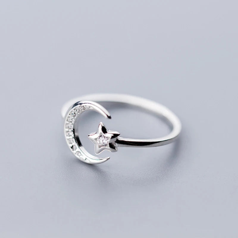 Real 925 Sterling Silver Minimalist Zircon Moon Star Opening Ring For Women