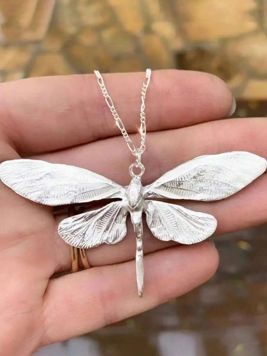 Vintage Dragonfly Pendant Necklace Metal Silver Tone For Women