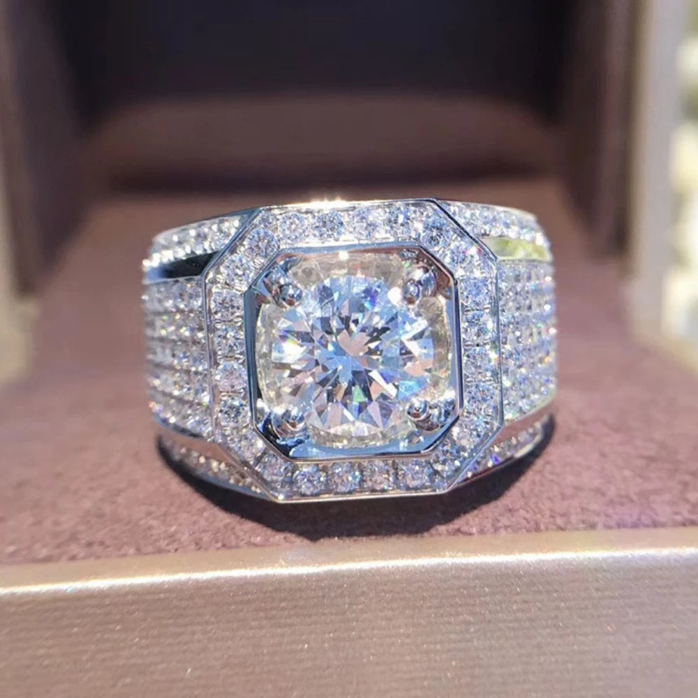 Solitaire 14K Gold plated Male 2ct Lab Diamond Moissanite Ring 925 sterling silver Ring for Men