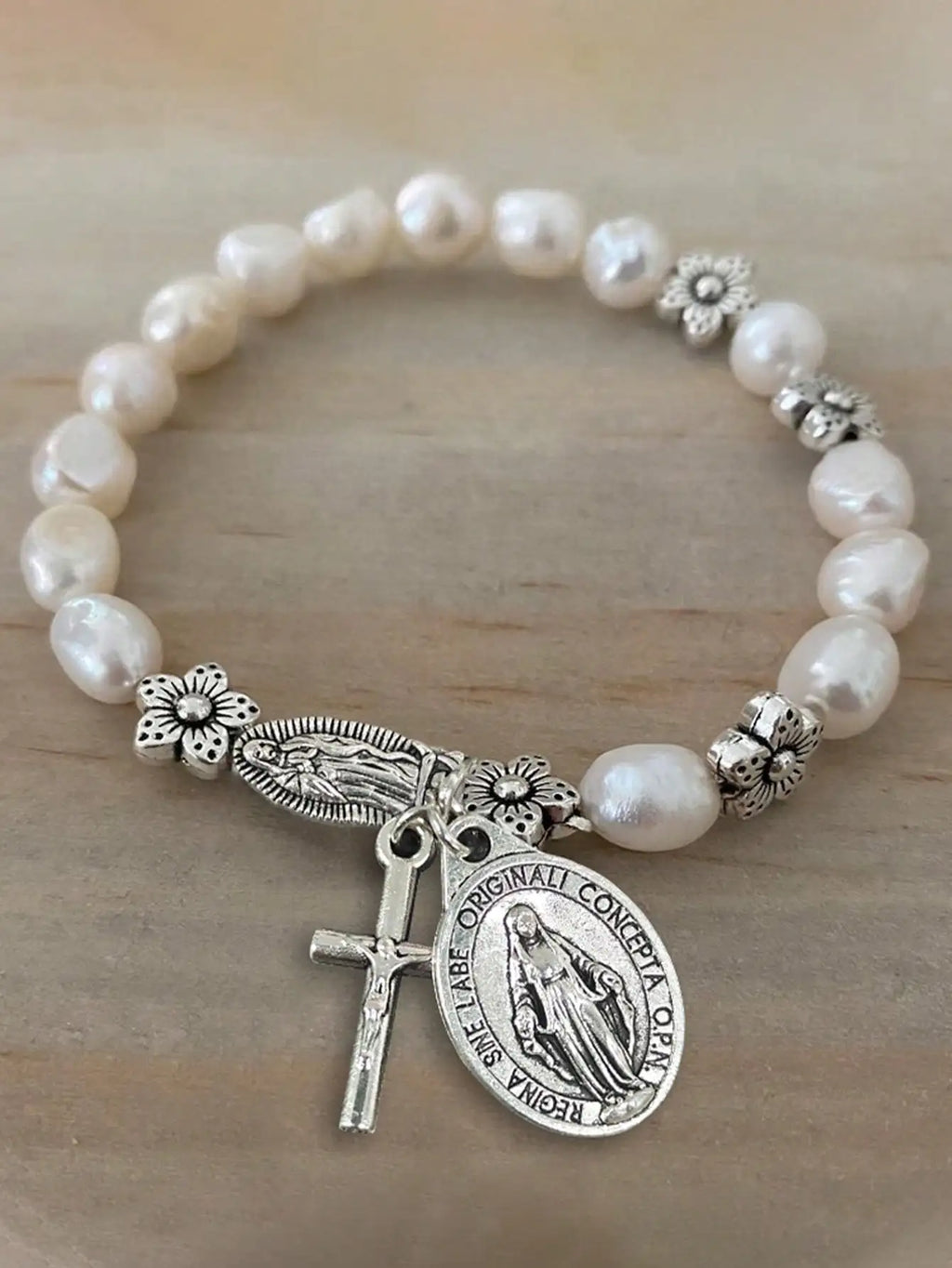 Beautiful Faux Pearl Beaded Flower & Cross Virgin Mary Pendant Bracelet, Vintage Style