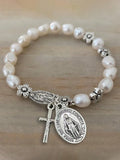 Beautiful Faux Pearl Beaded Flower & Cross Virgin Mary Pendant Bracelet, Vintage Style