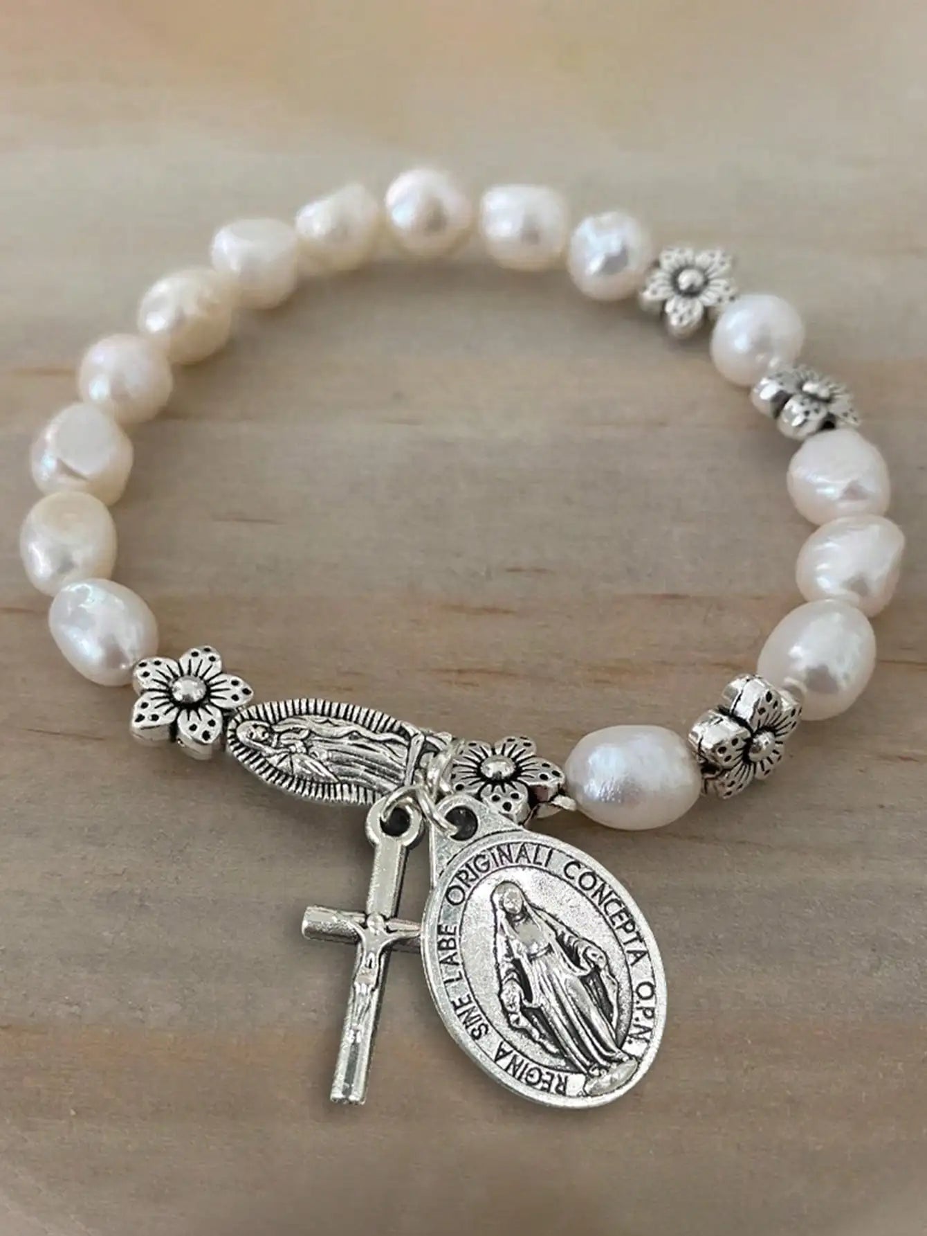Beautiful Faux Pearl Beaded Flower & Cross Virgin Mary Pendant Bracelet, Vintage Style