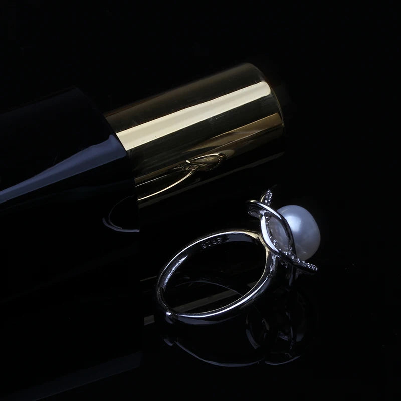 925 Silver Adjustable White Natural Freshwater Black Pearl Ring for Women, Cultured Natural Pearl Ring