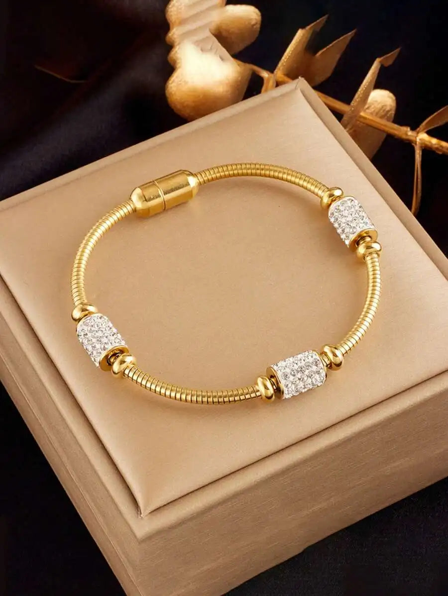 Elegant Stainless Steel Rhinestone Magnetic Oval Bracelet, Unique & Versatile