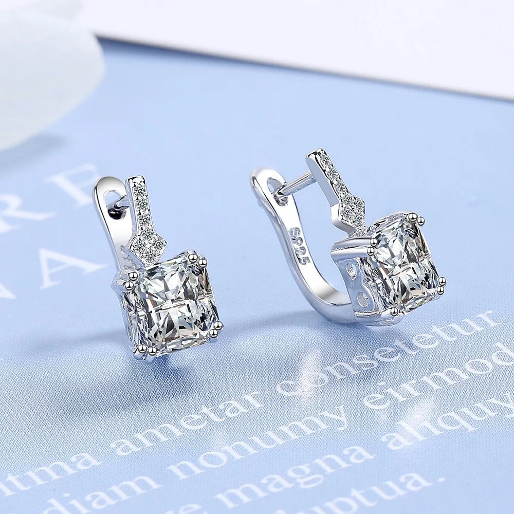 Silver Color Square Zircon Earrings for Women 925 Silver Needle Ear Buckles Earring