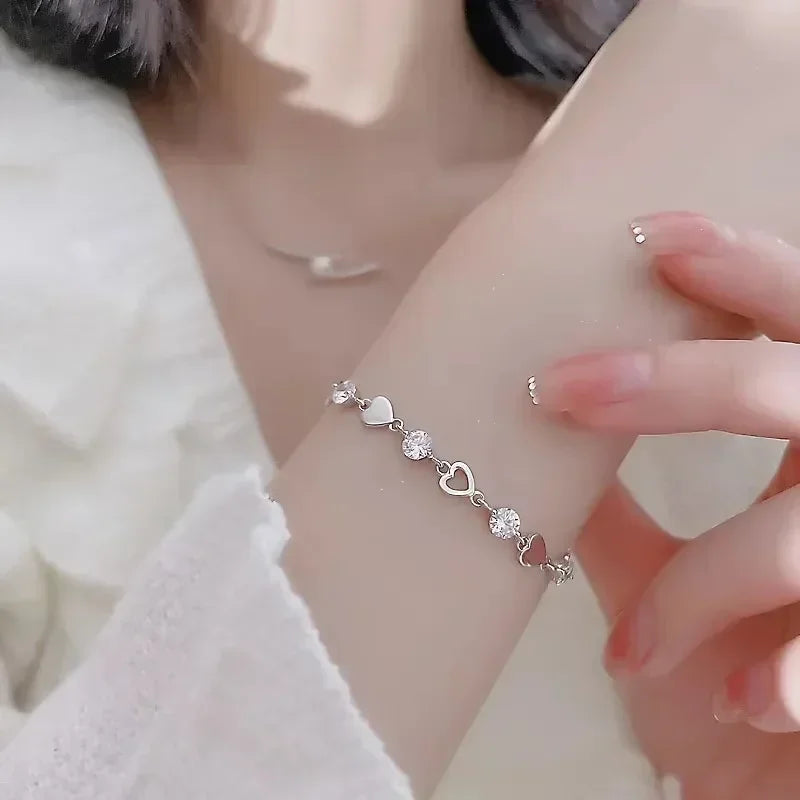Luxury 925 Sterling Silver Heart Zircon Bracelet for Women