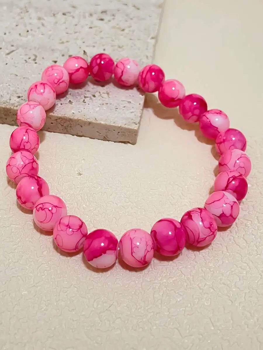 Bohemian Style Pink Glass Beaded Stretch Bracelet For Women