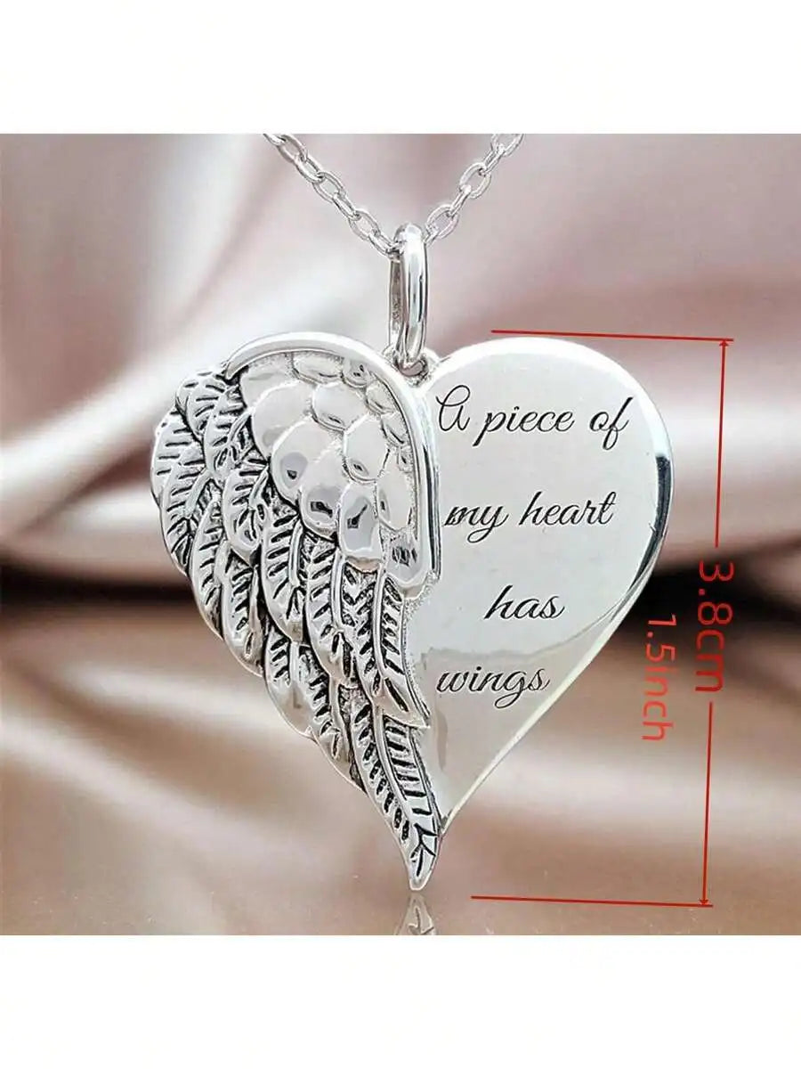 Angel Wing Heart Pendant Necklace With Engraved Slogan For Women