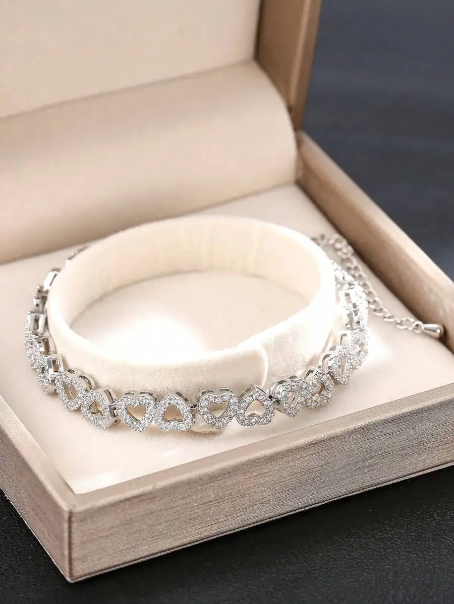 Luxury CuZirconia Heart Shaped Adjustable Bracelet, Minimalist Elegant Sparkly