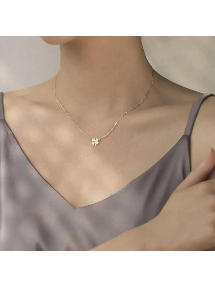Silver Color Lucky Clover Rhinestone Pendant Chain Necklace For Women