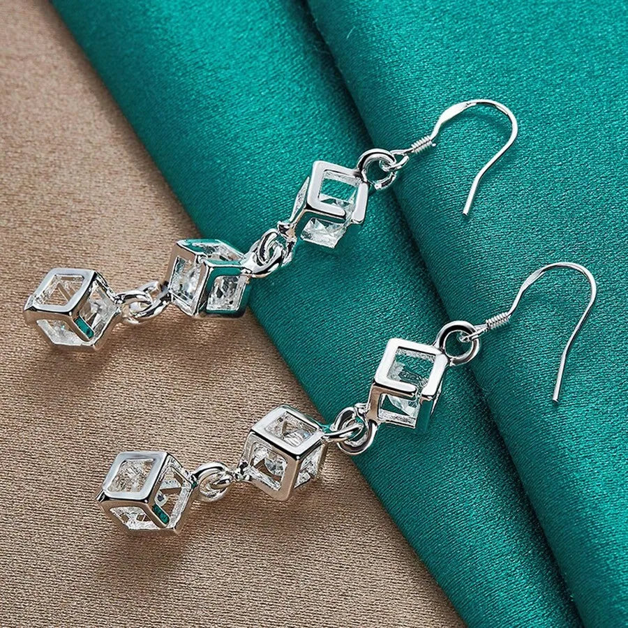 925 Sterling Silver Plated Earrings Fashion Jewelry Elegant Woman Crystal Lattice Drop Long Earrings