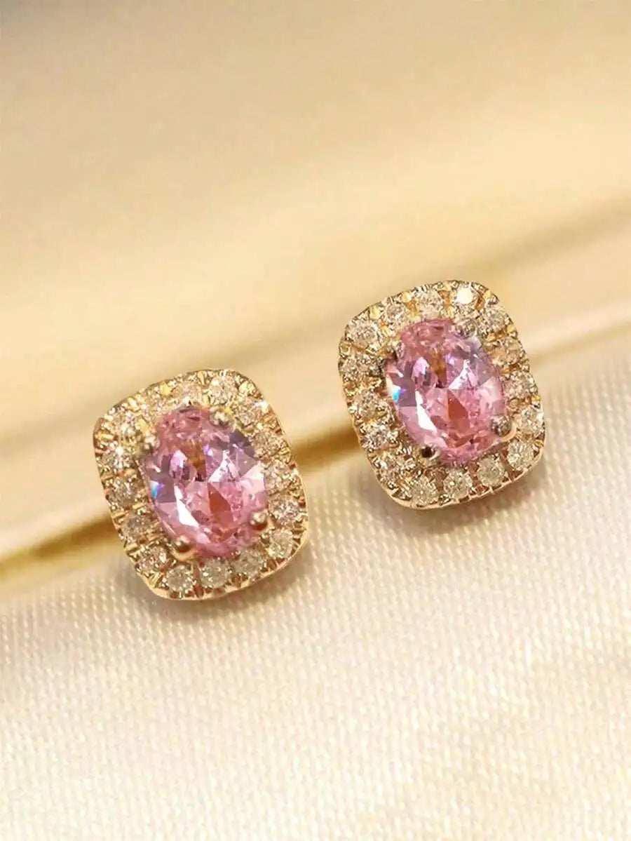 Square Cut Pink Cubic Zirconia Halo Stud Earrings For Women
