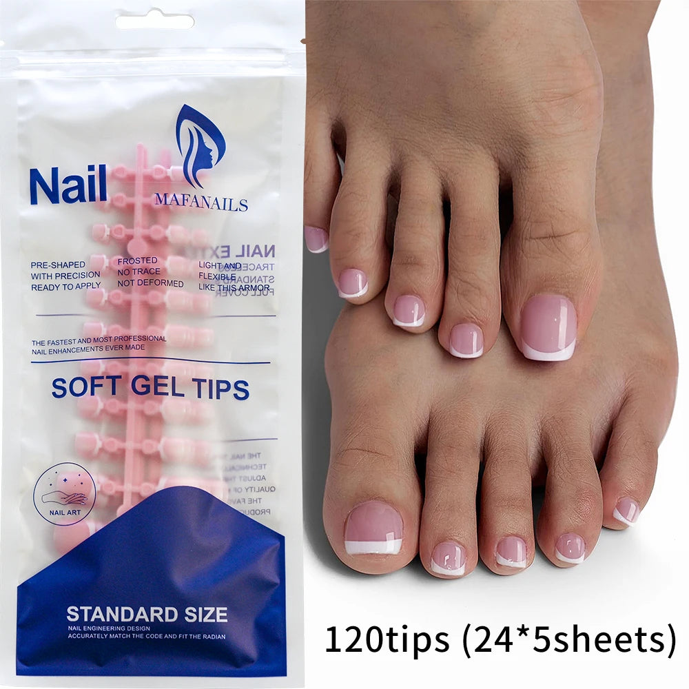 120Pcs Glossy Nude Pink French Press-On-Toenail Set 1*Box Short French Square  Fake Toe Nails Solid