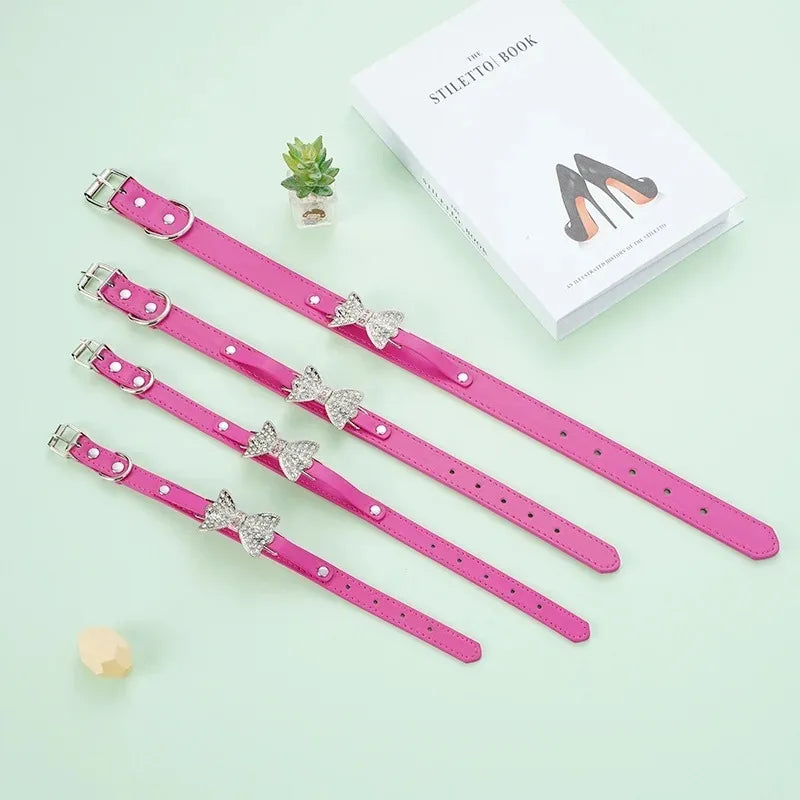 Cute PU Leather Dog Puppy Collar Bling Rhinestone Bowknot for Small Medium Larger Dog