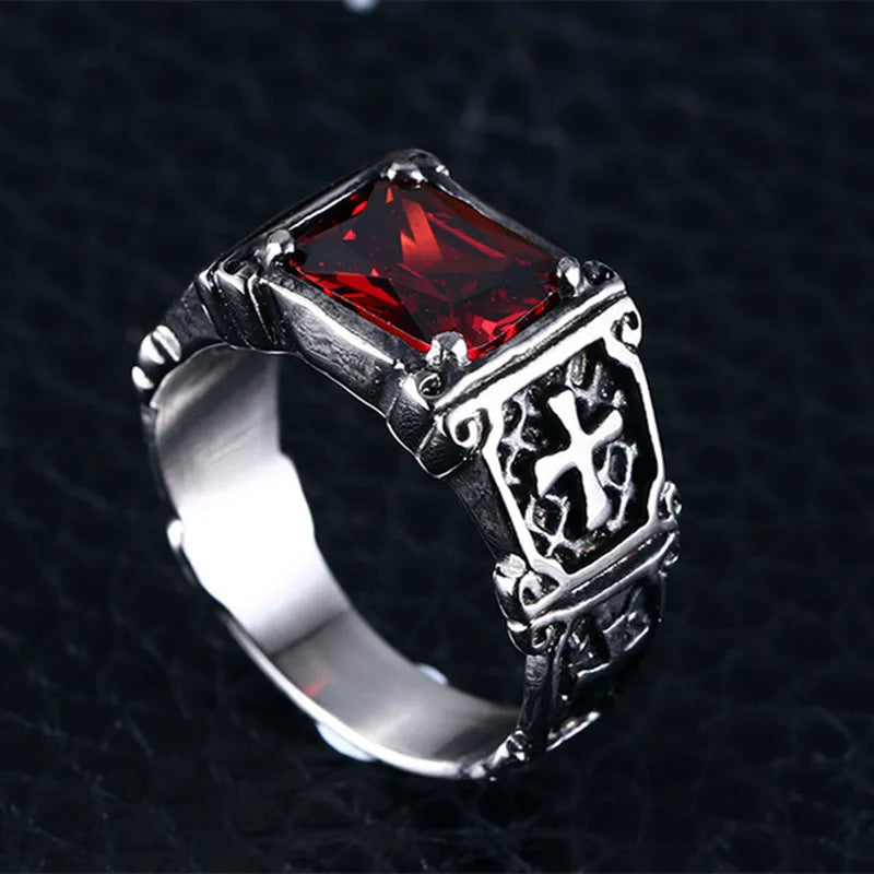 Fashion Personality Exquisite Red Zircon Cross Pattern Ring for Men