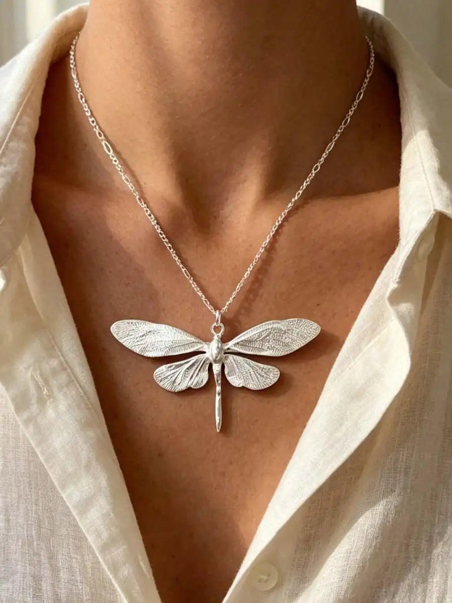 Vintage Dragonfly Pendant Necklace Metal Silver Tone For Women