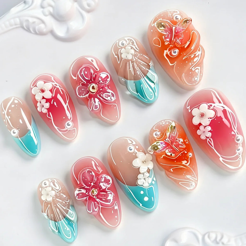 24Pcs fake nail art, 3D three-dimensional flower pearl gentle fake nail
