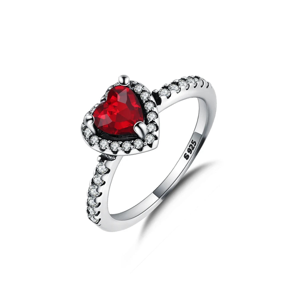 Cute Silver-Plated Heart Halo Ring, Red Cz Center Stone & Pave Clear Cz Accent
