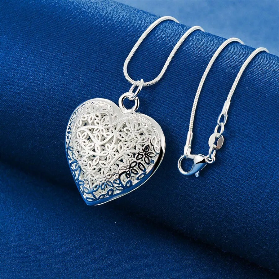 Elegant 925 Silver Plated Hollow Heart Pendant Necklace