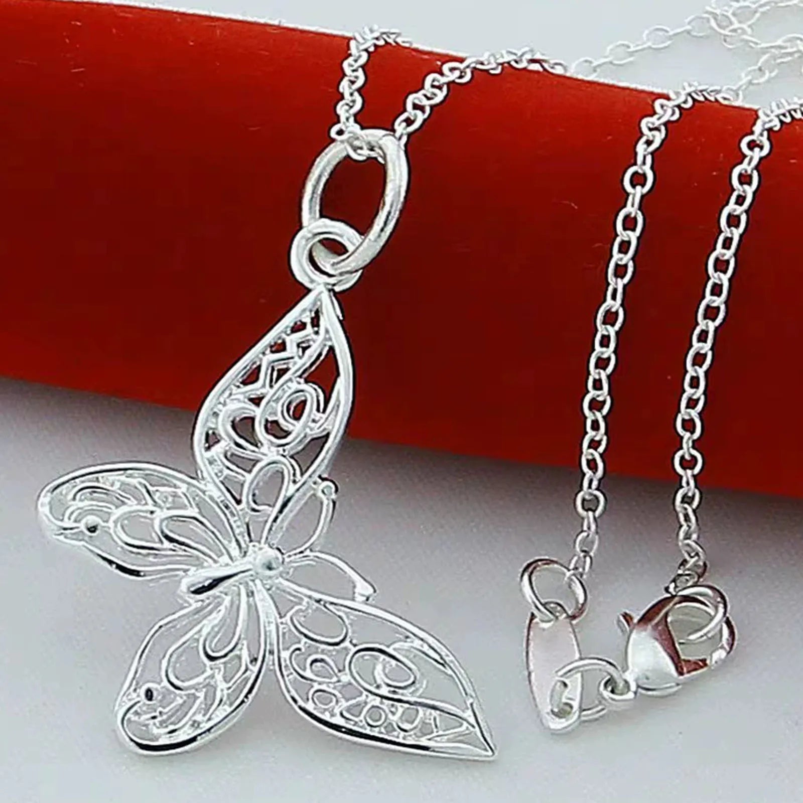 Elegant 925 Sterling Silver Butterfly Pendant Necklace Snake Chain For Women