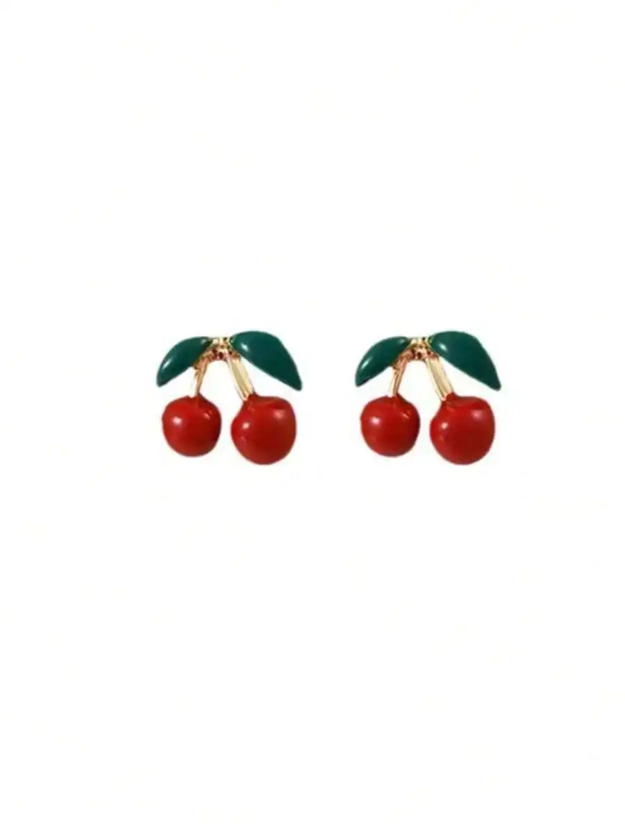 Cherry Design Stud Earrings For Women Red And Green Gemstone Fashion Jewelry