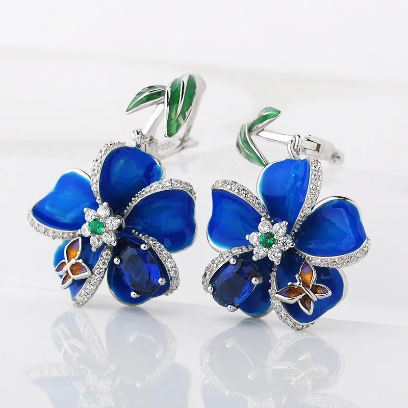 Beautiful 925 Sterling Silver Big Clip Earring Blue Enamel Flower Dangle Earring for Women