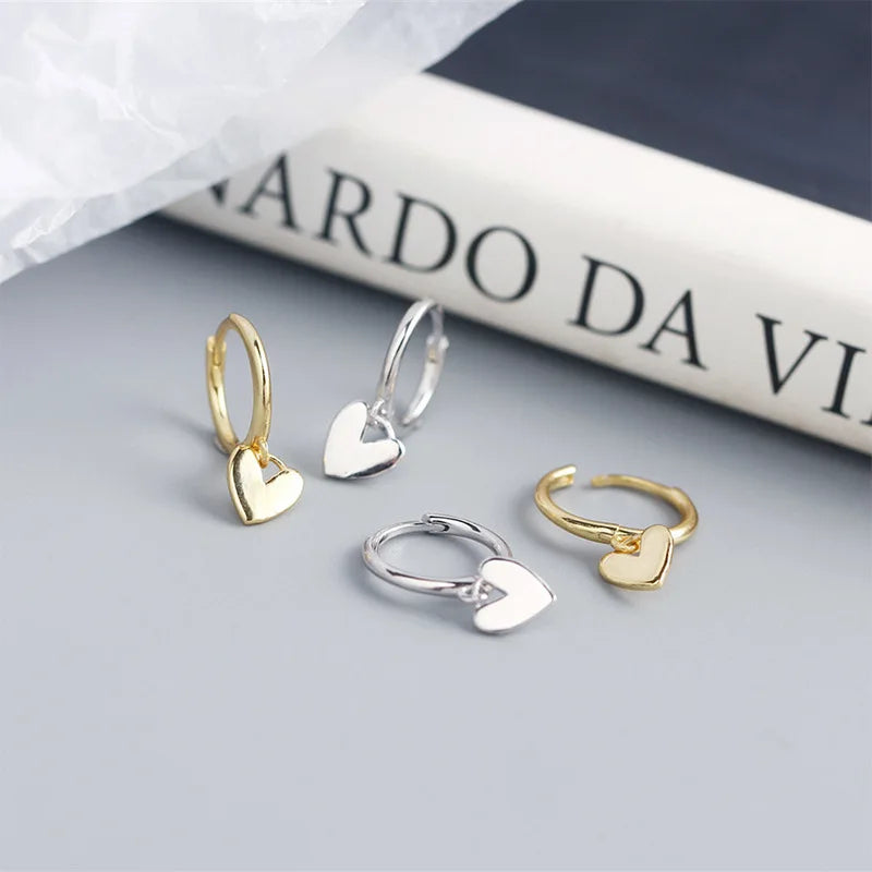 2 Pairs 925 Sterling Silver Heart Tassel Earrings Gold Plated Simple Fine Jewelry Anti-allergy