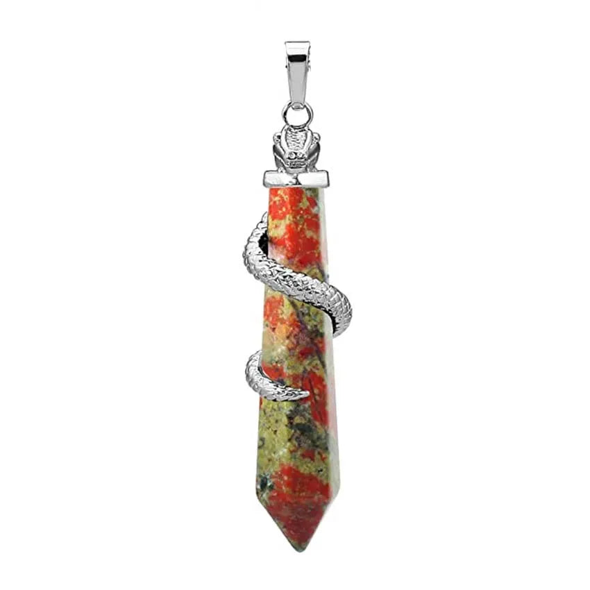 Snake Wrapped Crystal Hexagon Column Stone Pendulum Pendants