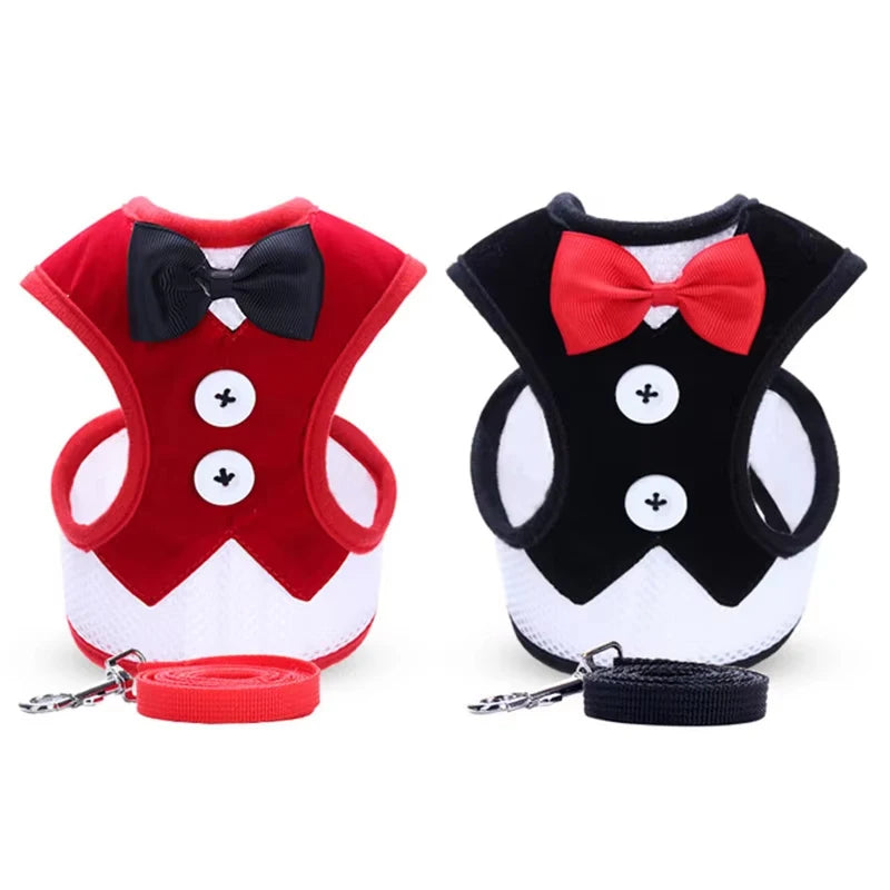 Elegant Bowtie Dog Harness Vest with Leash Adjustable Cat Harness Leash Set Cute Bowknot Tuxedo