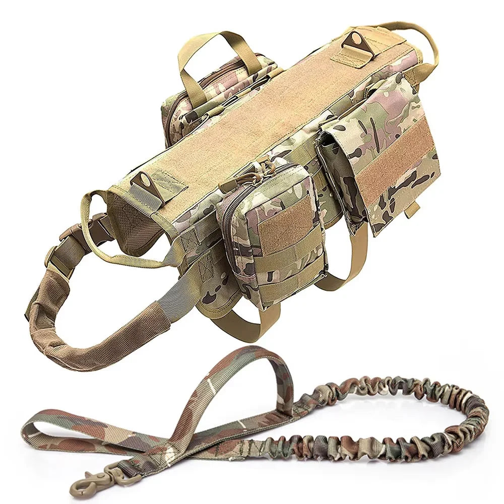 Large Dog Tactical Harness & Leash with MOLLE Pouches Military Vest with Handle