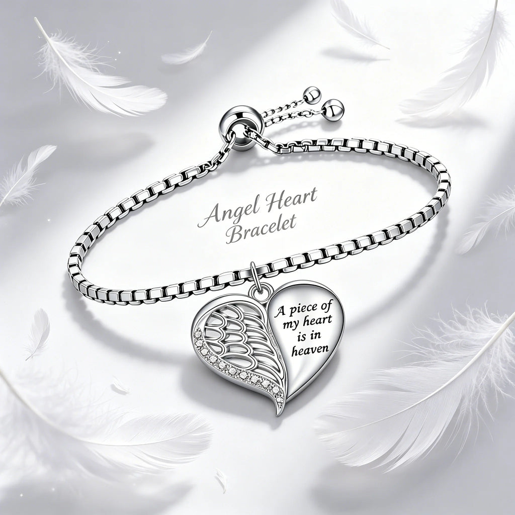 Smooth Polished Angel Heart Bracelet Half Wing Engraved Quote Charm Box Chain Adjustable Bracelet for Women