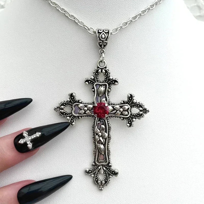Punk Crystal Big Cross Pendant Necklaces for Women Men Gothic Irregular Cross Clavicle Chain Necklaces