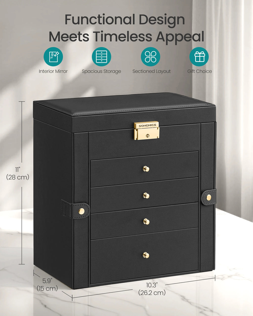 Beautiful 5-Layer Jewelry Box Organizer with 4 Drawers, Jewelry Storage Case with Lock and Mirror