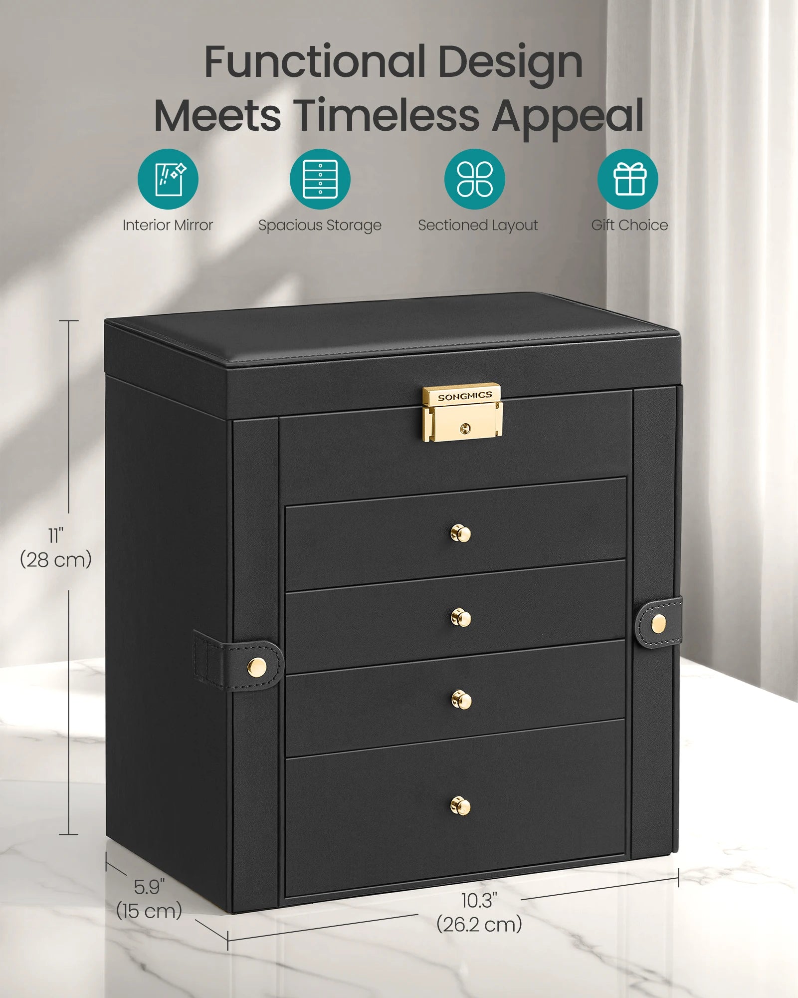 Beautiful 5-Layer Jewelry Box Organizer with 4 Drawers, Jewelry Storage Case with Lock and Mirror