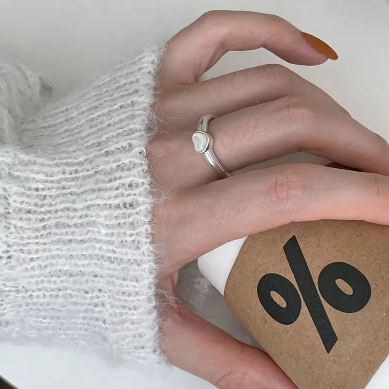 Lovely 925 Sterling Silver Ring For Women  Heart Stone Simple Open Vintage Handmade Ring Allergy For Party Birthday Gift