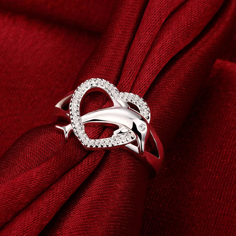 High Quality 925 Sterling Silver Fine Dolphins Heart Rings For Women
