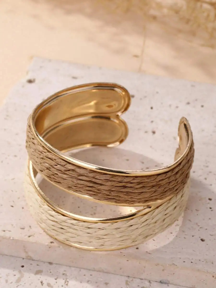 Handmade Bohemian Style Dual-Tone Open Bangle Bracelet, Exquisite And Textured