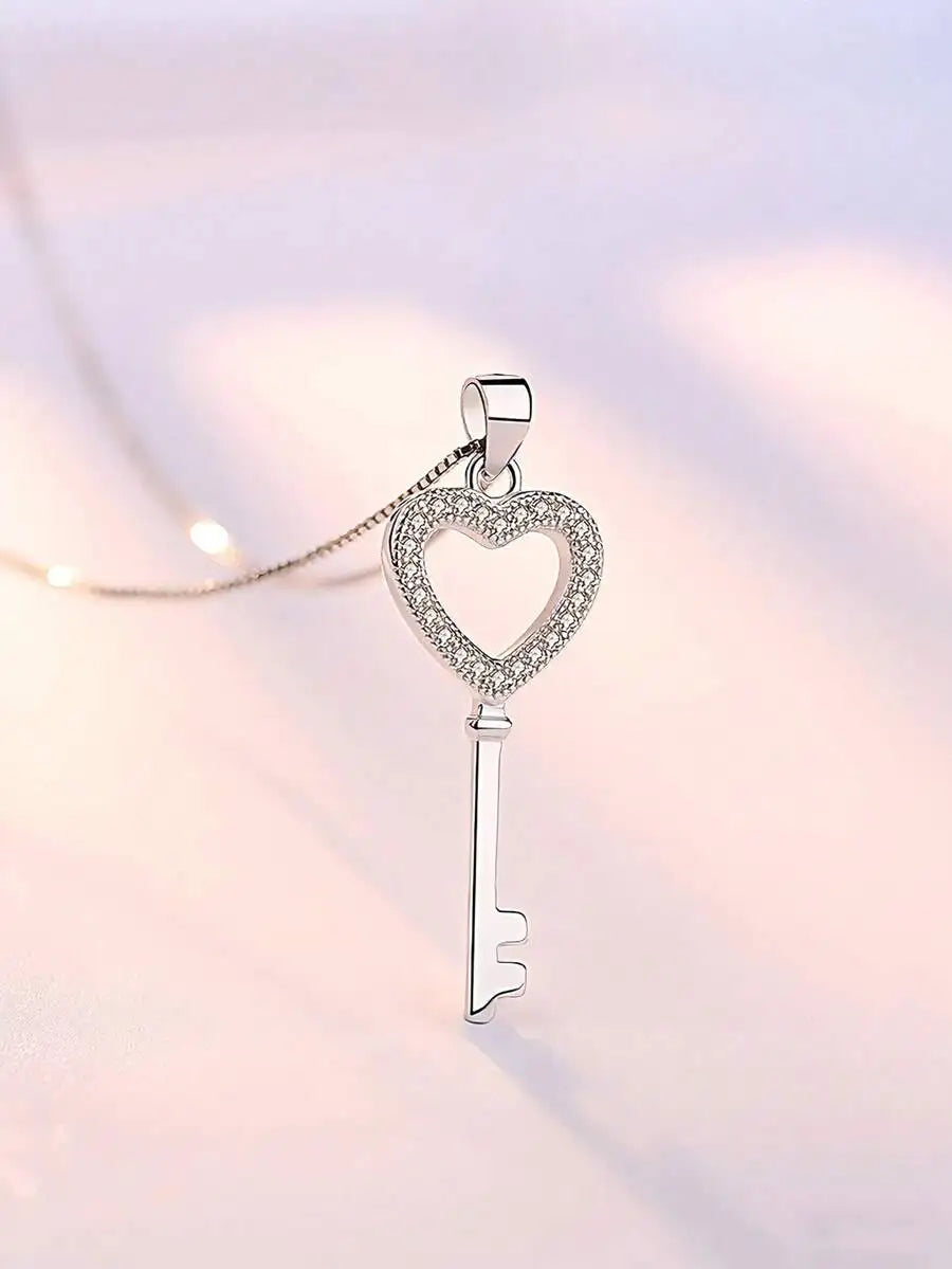 Heart Key Pendant Necklace With Cubic Zirconia, Elegant Fashion Jewelry For Women