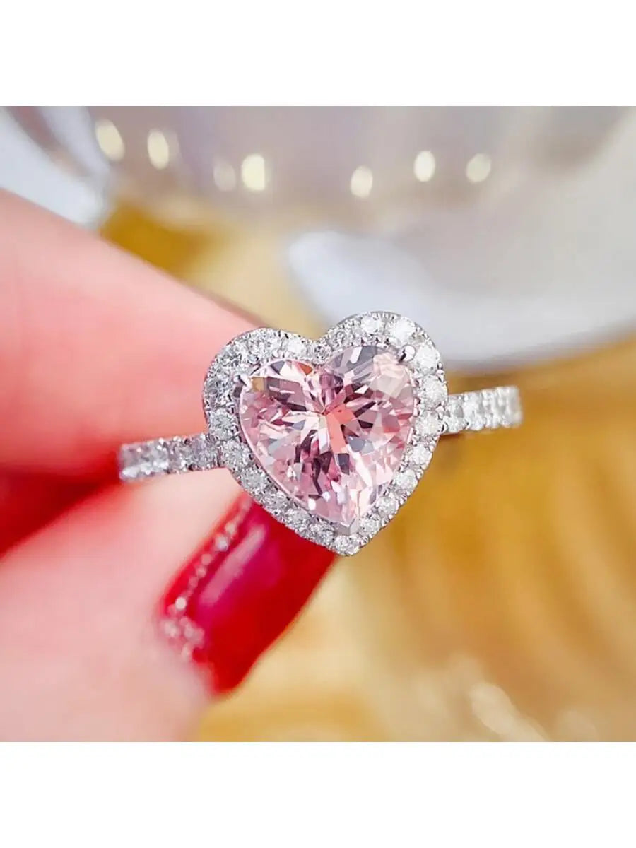 Heart Shape Pink Gemstone Pave Setting Fashion Ring For Women