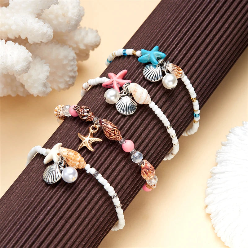New Trend Starfish Conch Bracelet Anklets for Women Cute Adjustable Shell Rice Beads Ankle Bracelets