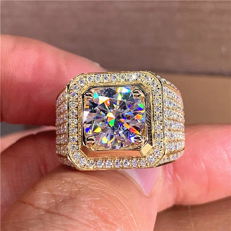 Solitaire 14K Gold plated Male 2ct Lab Diamond Moissanite Ring 925 sterling silver Ring for Men